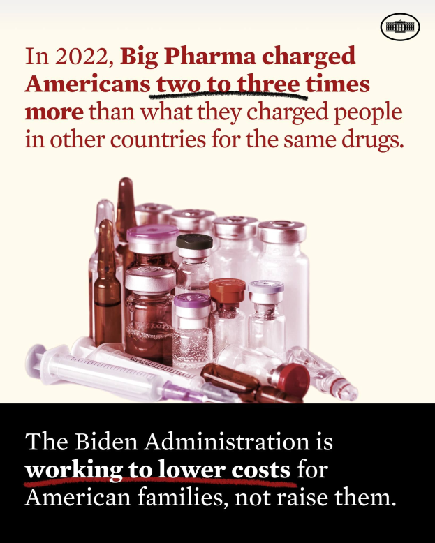 Plakat, das zeigt, dass Big Pharma 2022 Amerikanern zwei bis drei Mal so viel für dieselben Medikamente berechnet hat wie in anderen Ländern, mit Bildern von Medikamentenflaschen und einer Spritze.
