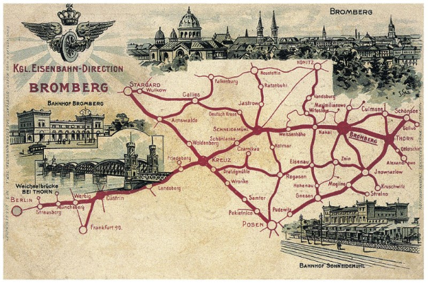 Ein detailliertes Vintage-Kartenposter von Bromberg, Deutschland, das Straßen, Gebäude, Bäume, eine Brücke und informativen Text über die Geschichte und Sehenswürdigkeiten der Stadt zeigt.