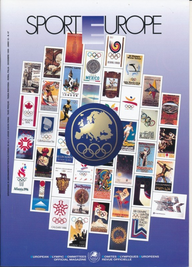 Ein Buchumschlag mit der Aufschrift "Sport in Europa", der farbenfrohe Bilder und Texte über Olympische Spiele in Europa zeigt, mit fetter weißer Schrift und komplexen Designs.