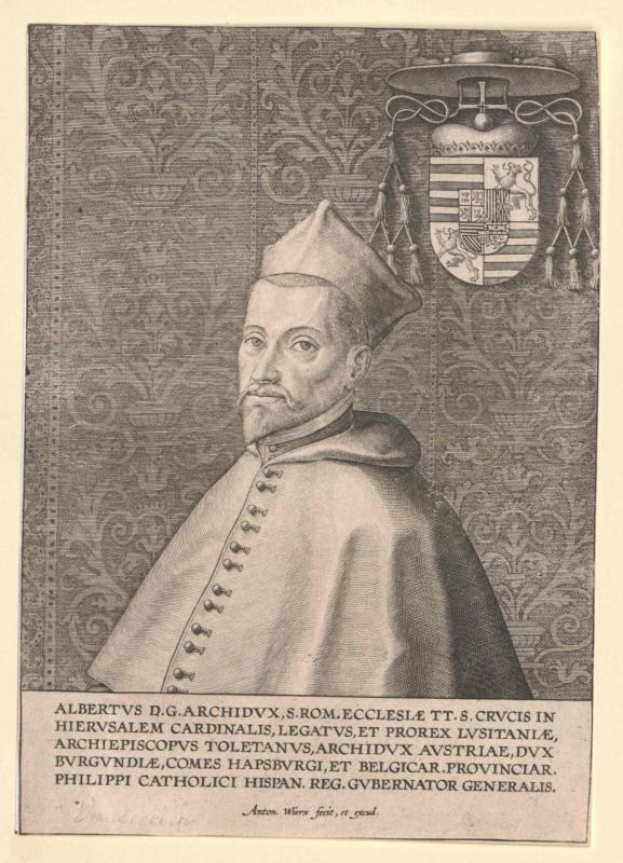 Stich eines Mannes in Priestergewand und Hut, beschriftet mit Albrecht D., im Hintergrund ein Wappen und unten der Text "Erzbistum".