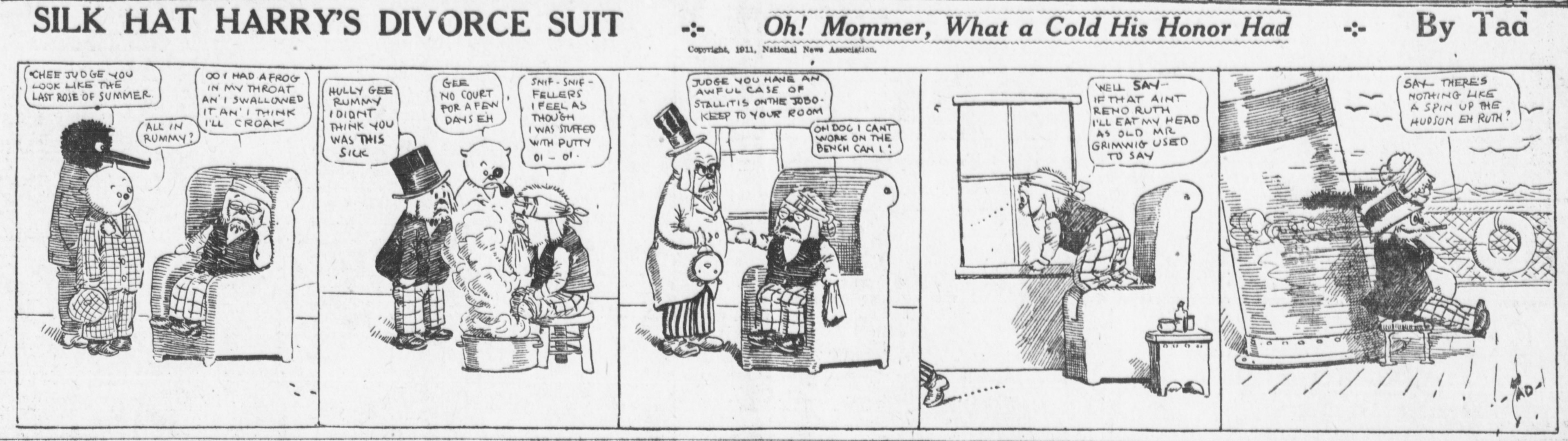 Comic-Strip mit dem Titel "Silk Hat Harry's Divorce Suit" zeigt einen Mann in einem schwarzen Anzug mit weißem Hemd und schwarzer Krawatte sowie eine Frau in einem eleganten Kleid mit schwarzem Schal, beide mit ernster Miene.