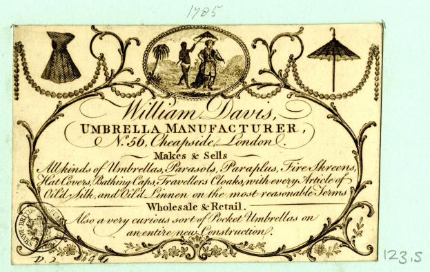 Schwarze und weiße Visitenkarte mit William Davis, einem Schirmhersteller, und Text, der die Dienstleistungen des Unternehmens beschreibt.