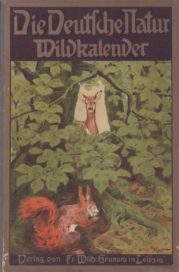 Ein Buch mit dem Titel "Die Deutschen Hatur Wildkalender", das eine Illustration eines Rehs und eines Eichhörnchens in einem Waldgebiet zeigt.
