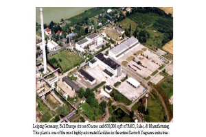 Luftaufnahme einer Industrieanlage in Leipzig, Deutschland, mit Gebäuden, Bäumen, Straßen und dem Text 'Leipzig Germany - Bell Europe' unten.