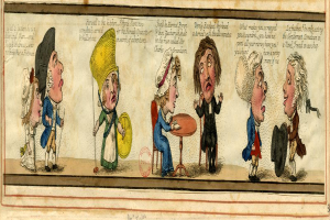 Eine Karikatur einer Gruppe von Menschen, die um einen Tisch sitzen, einer hält ein Objekt, mit Text "Friedrich von Bismarcks Karikatur des Tages" auf dem Papier vor ihnen, in Diskussion.