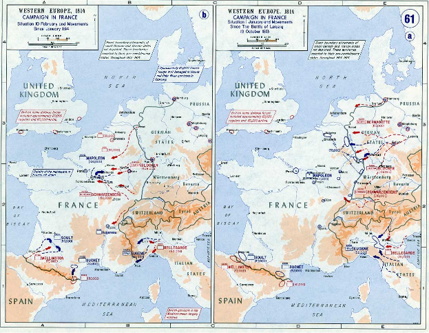 Ein historisches Poster mit einer Karte von Europa während der Schlacht von Leipzig, unterteilt in Abschnitte für Europa und Frankreich, mit beschrifteten Regionen, Städten und geografischen Merkmalen sowie begleitendem erklärendem Text.