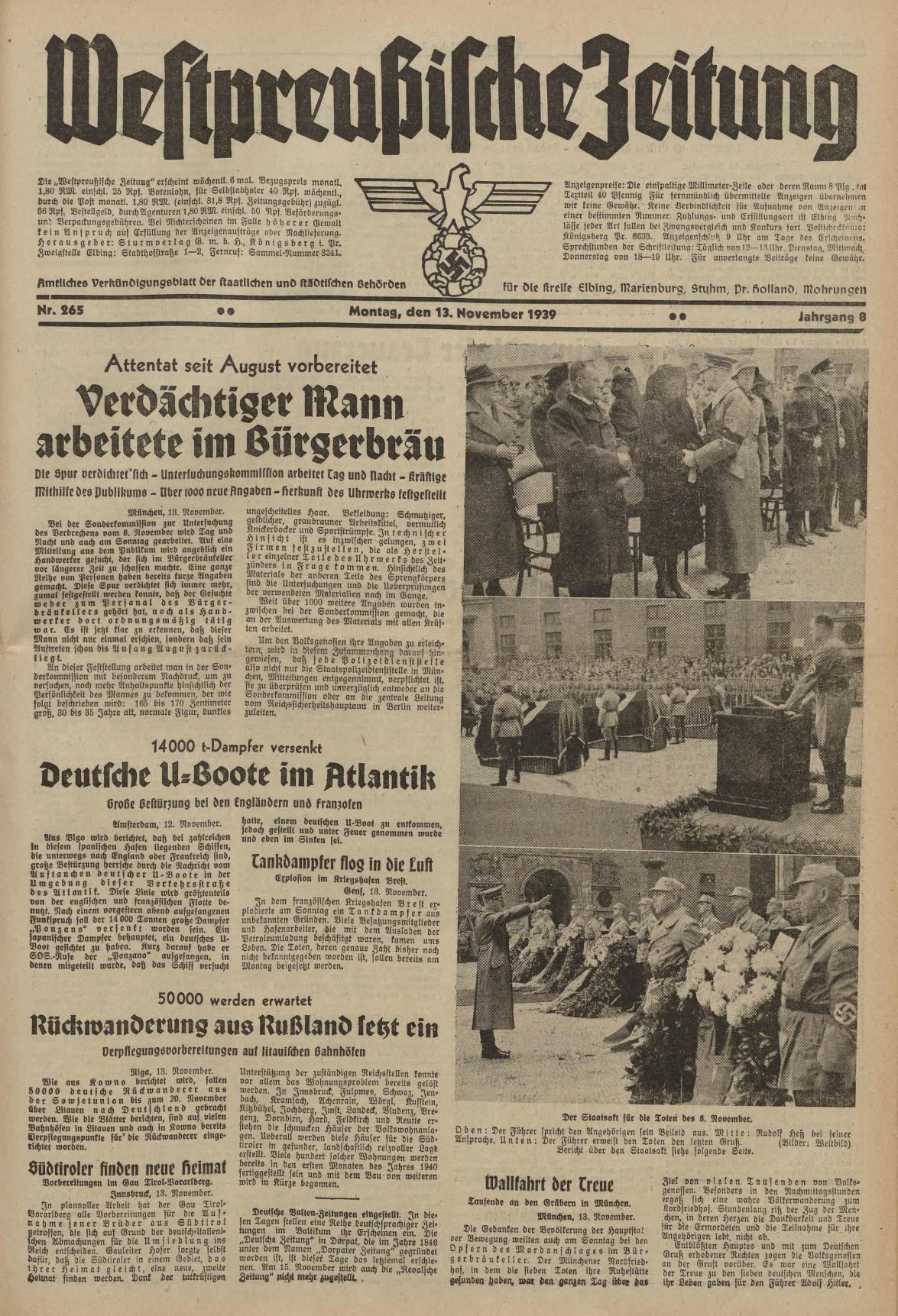 Titelseite einer deutschen Zeitung vom 13. November 1939 mit der Schlagzeile "Weitpreubliche Zeitung" und einer Gruppe von Menschen in traditioneller deutscher Tracht.