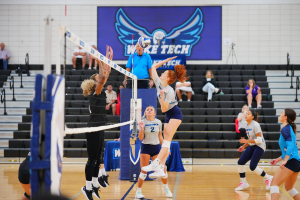 Frauen spielen Volleyball mit einem Netz, Zuschauern auf einer Treppe und einem Meisterschaftsbanner mit einem Adler an der Wand.