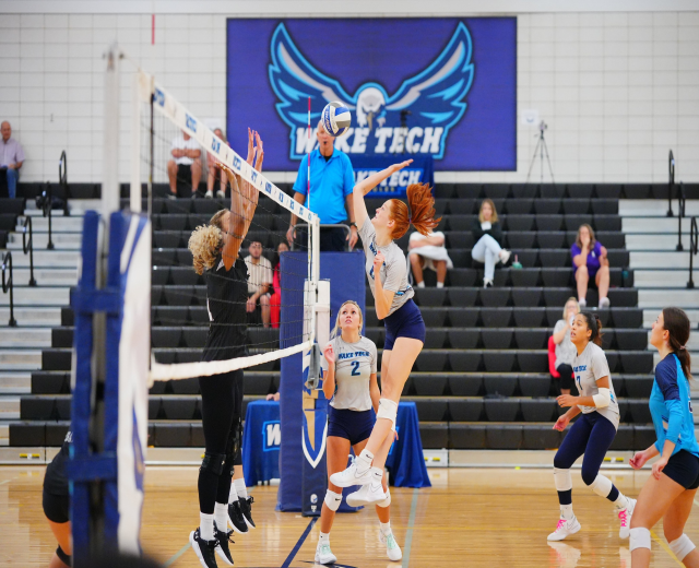 Frauen spielen Volleyball mit einem Netz, Zuschauern auf einer Treppe und einem Meisterschaftsbanner mit einem Adler an der Wand.