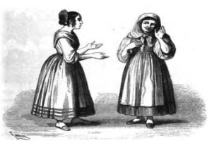 Zwei Frauen in 19. Jahrhundert-Kleidern, die nebeneinander stehen und sich unterhalten, mit Text unten, der "Frauen des 19. Jahrhunderts" lautet.