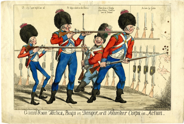 Cartoon von bewaffneten Uniformierten in einem Wachraum mit dem Text "Wachraum-Taktik, Insekten in Gefahr oder ein Freiwilligenkorps in Aktion".