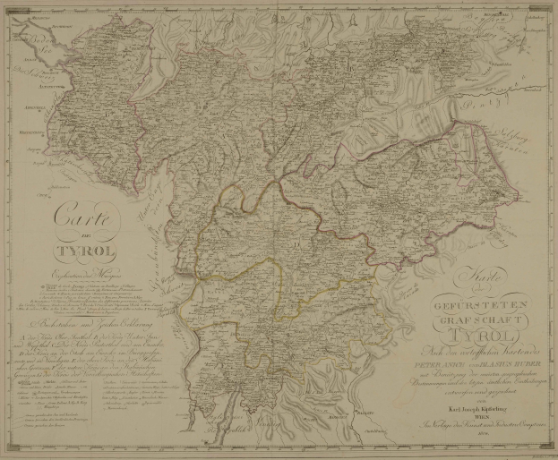 Alte detaillierte Karte von Tirol, Deutschland, zeigt Städte, Ortschaften, geografische Merkmale und textuelle Informationen zur Bevölkerung, Straßen und Sehenswürdigkeiten.
