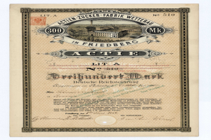 Altes deutsches Aktienzertifikat mit einer Gebäudeillustration und deutscher Beschriftung, das wahrscheinlich eine aktive Aktie anzeigt.