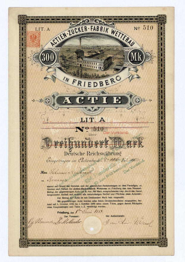 Altes deutsches Aktienzertifikat mit einer Gebäudeillustration und deutscher Beschriftung, das wahrscheinlich eine aktive Aktie anzeigt.