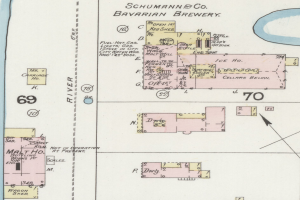 Eine Karte der Schumann & Co Bayerischen Brauerei mit Text und Zahlen, die den Standort der Brauerei markieren.