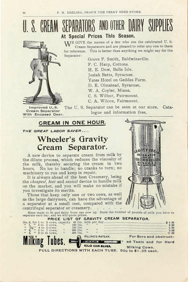 Schwarz-weiß-Anzeige für U.S. Cream Separators und andere Milchgeräte, zeigt Text und Bilder von Milchmaschinen.