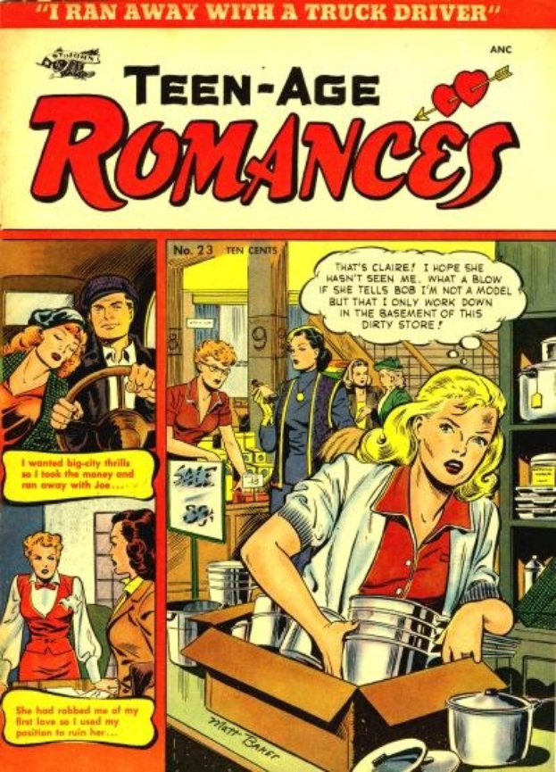 Ein lebendiger DC-Comics-Plakat titled "Teen-Age Romances 23-A" zeigt eine Gruppe von Menschen in einer fröhlichen, romantischen Umarmung mit fetter Schrift oben.