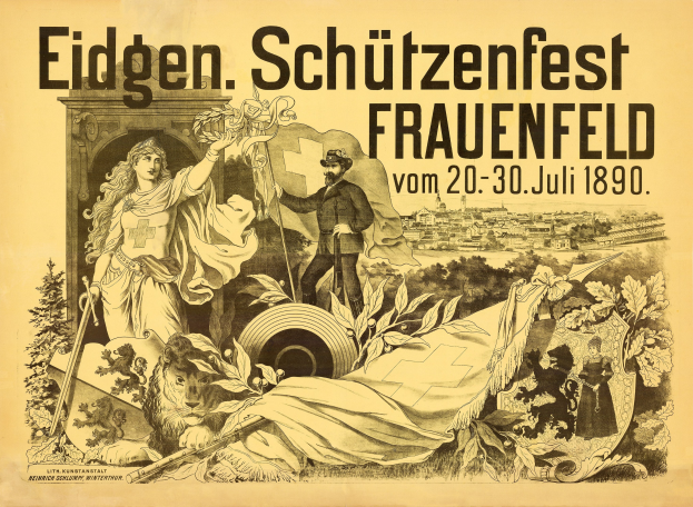 Plakat für das Eidgen├Âssische Schützenfest in Frauenfeld, Deutschland, mit einem Mann in einem Anzug und einer Frau in einem Kleid und Ereignisinformationen im Text.