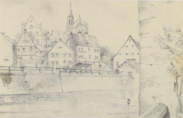 Ein Bleistiftbild einer Stadtansicht mit einem Fluss, Gebäuden, Bäumen und einer Brücke, betitelt "Nürnberg, Deutschland" von Joseph Mallord William Turner.