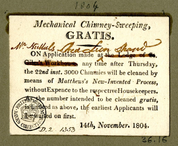 Papierdokument mit gedrucktem Text und einem roten Stempel, der "Mechanische Schornsteinfegerei, Gratis" lautet.