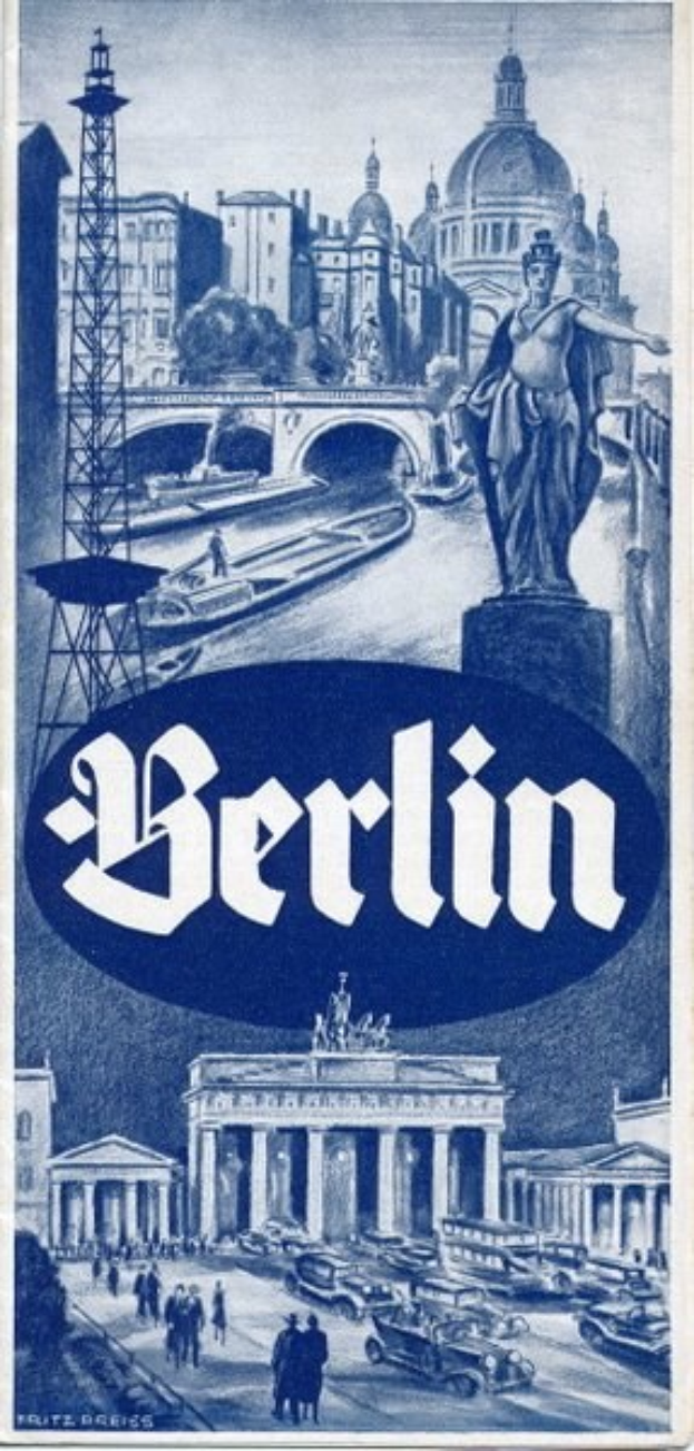Plakat, das Berlin, Deutschland, mit einer Statue, historischen Gebäuden, einem Turm, Fußgängern, Fahrzeugen auf einer Straße und einer Brücke zeigt, mit Text, der Stadtinformationen bereitstellt.
