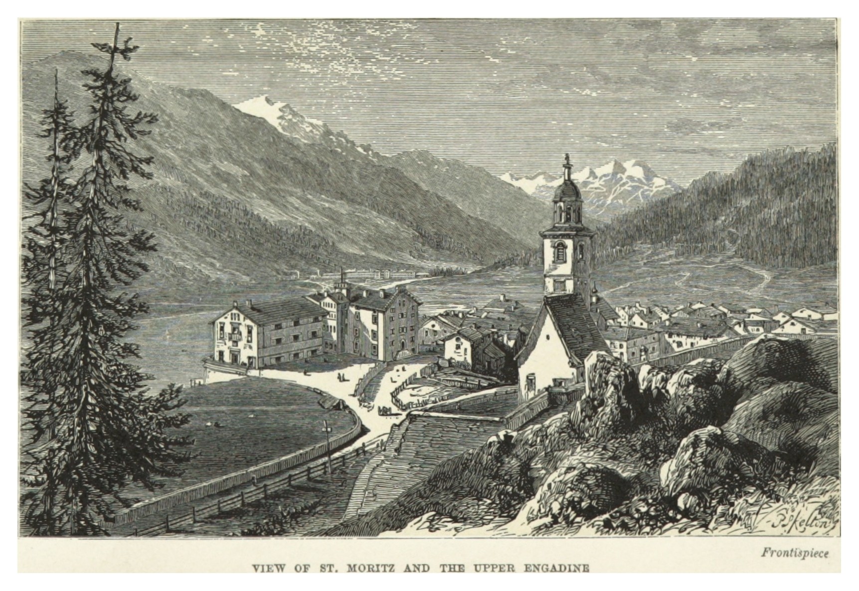 Ansicht von St. Moritz und dem Oberengadin mit Gebäuden, Bäumen und Bergen im Hintergrund und Text unten.