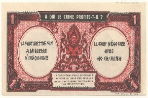 Alte französische Banknote mit einem strengen Mann in einem Anzug, Text "A qui le crime profite-il?" und einem schwarzen Rand auf einem weißen Hintergrund.