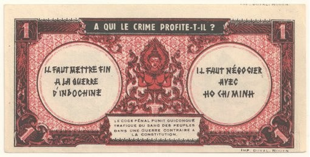 Alte französische Banknote mit einem strengen Mann in einem Anzug, Text "A qui le crime profite-il?" und einem schwarzen Rand auf einem weißen Hintergrund.