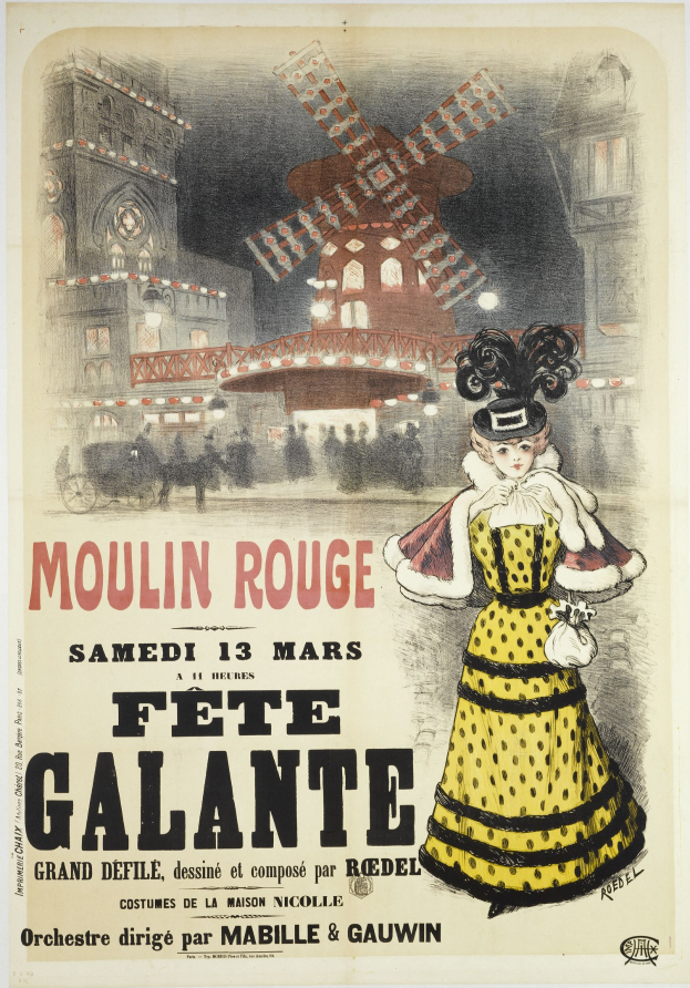 Plakat für ein Moulin Rouge Fête Galante-Event, das eine Frau in einem gelben Kleid vor einem Gebäude mit einer Windmühle im Hintergrund zeigt, begleitet von Text, der das Event beschreibt.