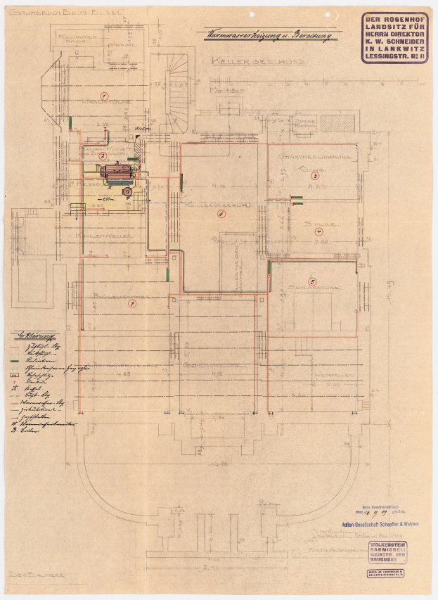 Schwarzes-weiße Architekturdarstellung des Rosenhof-Krankenhauses in Hamburg, Deutschland, mit detaillierten Grundrissen mit beschrifteten Räumen, Fluren und umfangreicher Verdrahtung.