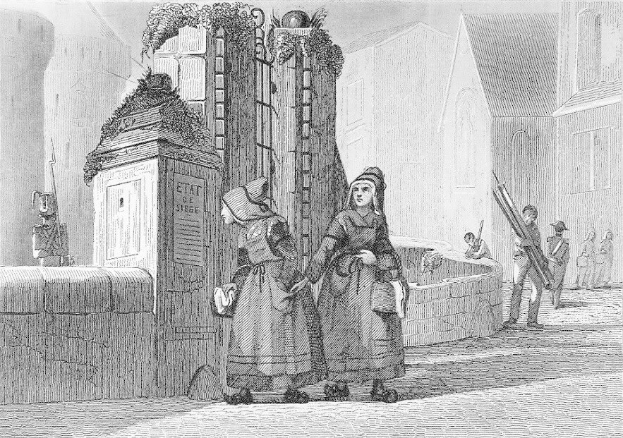 Schwarz-Weiß-Gravur Von Zwei Frauen, Die Vor Einem Gebäude Stehen, Mit Anderen Leuten Im Hintergrund, Betitelt "Victorianische Frauen In Der Stadt London."