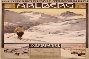 Ein Plakat, das den Wintersport in den österreichischen Alpen bewirbt, zeigt einen Skifahrer und Bilder von Menschen und Bergen mit begleitendem Text.