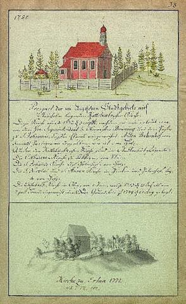 Ein Buch mit dem Titel 'Deutsche Schule in den Niederlanden, 1777' mit einer zentralen Illustration eines roten Hauses umgeben von Bäumen und einem Zaun.