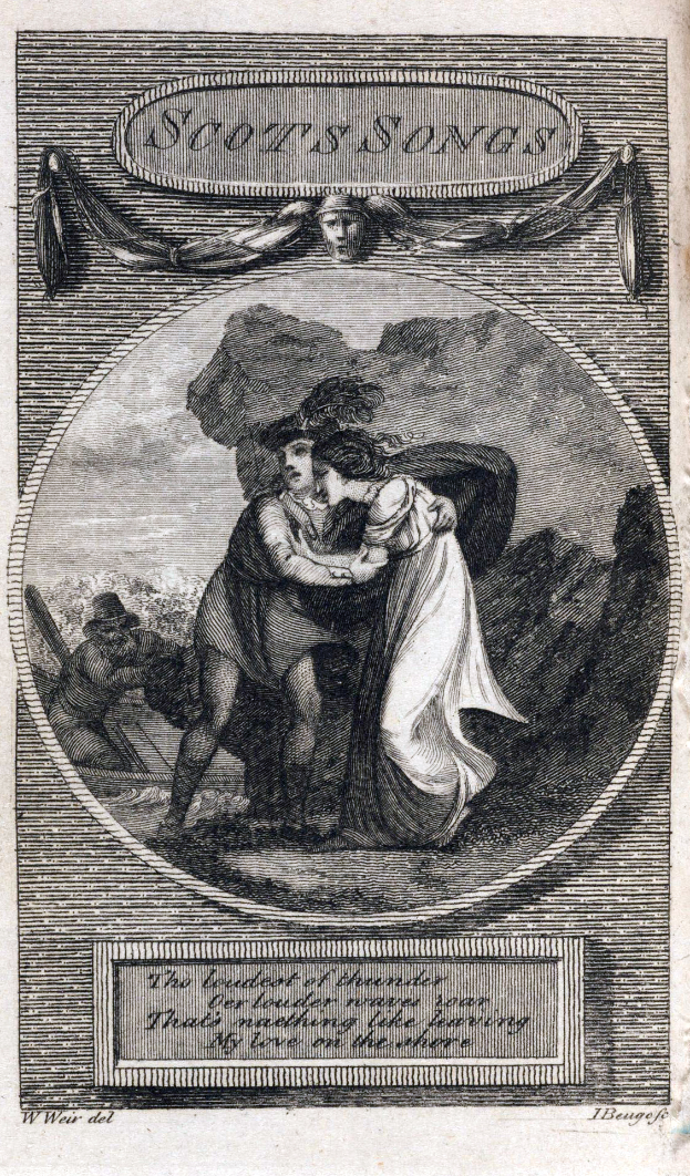 Eine Gravur eines Mannes und einer Frau, die sich in einer leidenschaftlichen Umarmung küssen, wobei der Mann seinen Arm um die Taille der Frau legt und auf einem Papier mit Text steht.