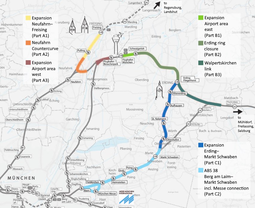 Ein detaillierter Stadtplan mit einer hervorgehobenen Zugroute von München nach Frankfurt, der Haltestellen, die umliegende Gegend und zusätzliche Zuginformationen zeigt.