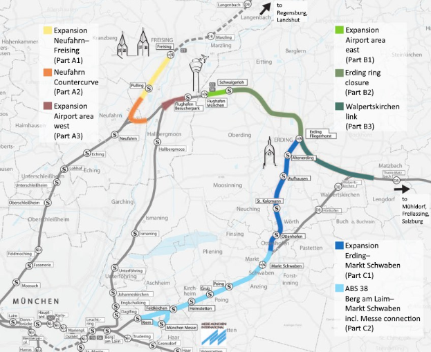 Ein detaillierter Stadtplan mit einer hervorgehobenen Zugroute von München nach Frankfurt, der Haltestellen, die umliegende Gegend und zusätzliche Zuginformationen zeigt.