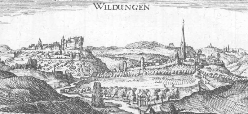 Eine Gravur der Stadt Wildungen, Deutschland, mit Gebäuden, Bäumen und Bergen im Hintergrund und schwarzem und weißem Text oben.