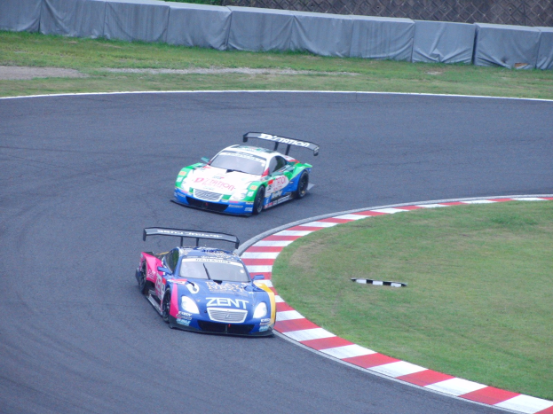 Zwei bunt lackierte Sportwagen auf einer Rennstrecke, wobei einer leicht vorn ist, vor grünem Gras und einem Zaun.