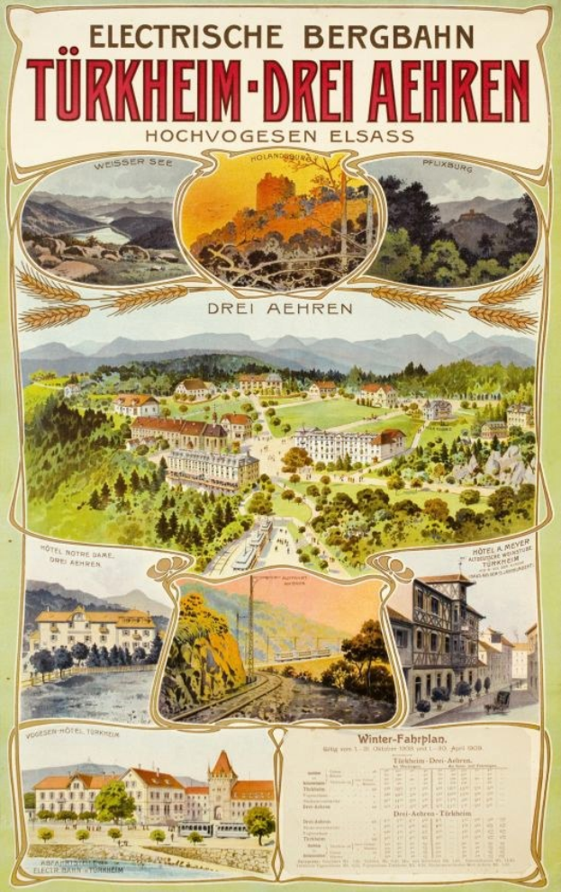 Plakat zur Werbung für Bergbahn, Deutschland, zeigt Gebäude, Bäume, Hügel und beschreibenden Text.