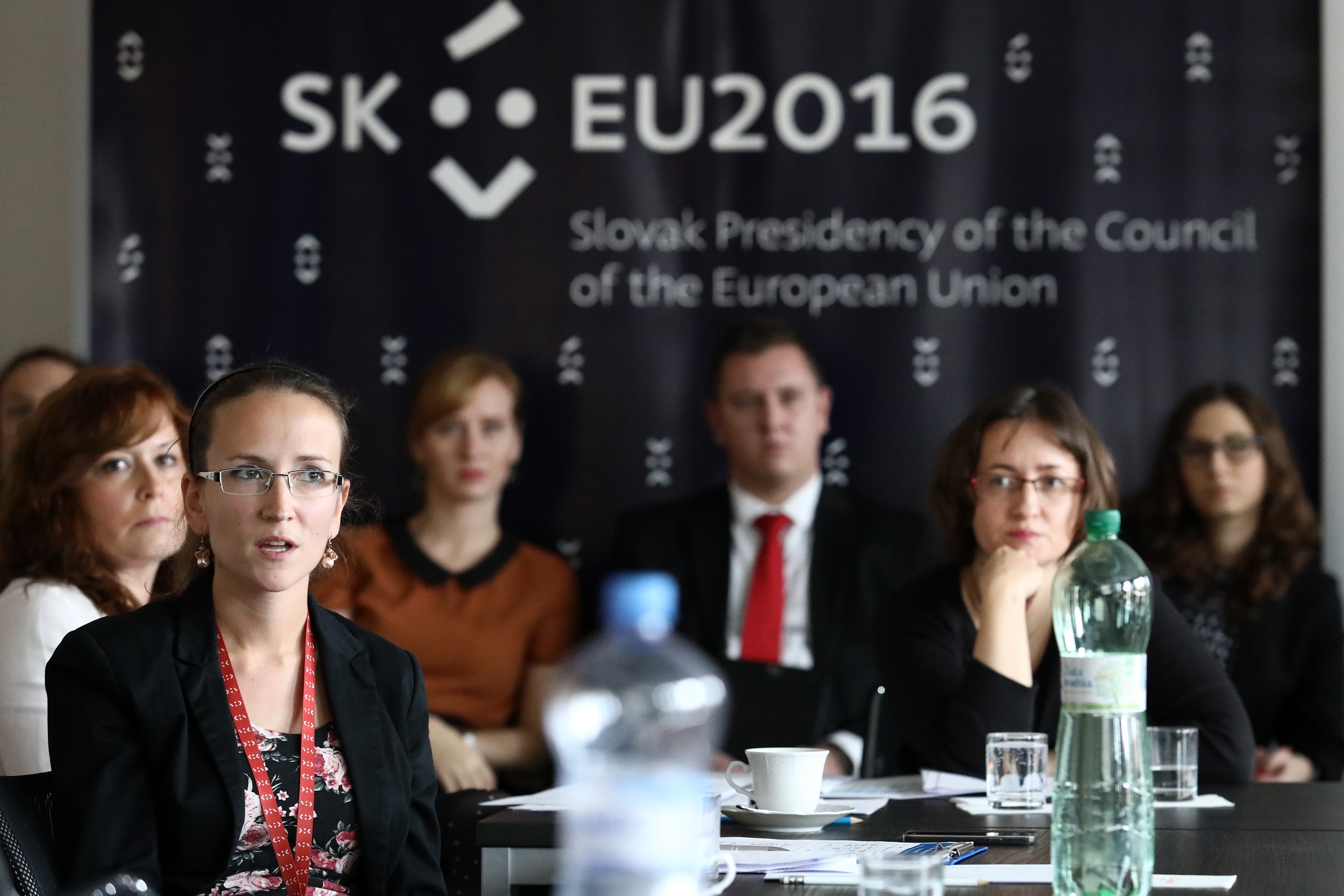 Eine Gruppe von Menschen sitzt um einen Tisch mit Sitzungsunterlagen, in einem Raum mit einem EU-Banner im Hintergrund.