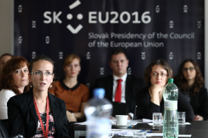 Eine Gruppe von Menschen sitzt um einen Tisch mit Sitzungsunterlagen, in einem Raum mit einem EU-Banner im Hintergrund.