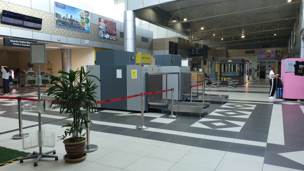 Ein leerer Flughafen-Terminal mit Check-in-Schaltern, Topfpflanzen, Absperrpollern mit Bändern, stehenden Menschen, Gepäckwagen, Stühlen, wandmontierten Informationsanzeigen und Deckenleuchten.