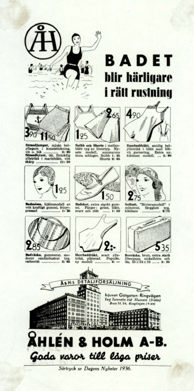 Anzeige für einen Bikini mit einer Frau in einem weißen Badeanzug mit blauen und weißen Streifen, die Haare zu einem Pferdeschwanz gebunden, direkt in die Kamera schauend, umgeben von Bildern von Menschen, modernen Hochhäusern und fetter Schrift.