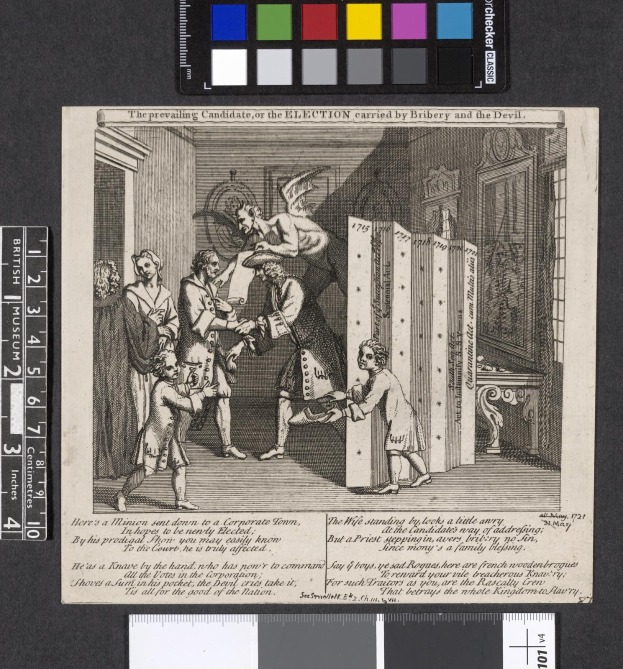 Schwarz-weißer Stich von Menschen in einem Raum, die einen Text und Farboptionen enthaltendes Papier untersuchen, symbolisiert ein bestochenes Wahlergebnis.