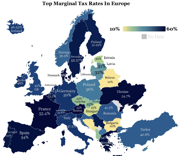 Eine Europakarte mit Farben, die die Spitzensatzsteuersätze in jedem Land anzeigen, mit der Überschrift "Spitzensatzsteuersätze in Europa."