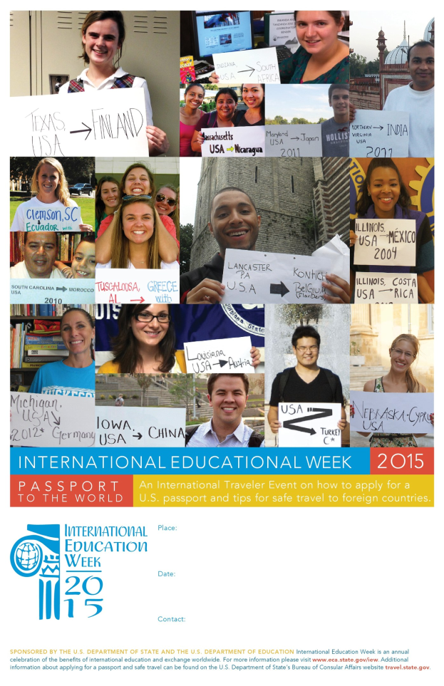 Internationaler Bildungswoche 2015 Plakat mit einer Gruppe strahlender Menschen mit Schildern und Text mit Informationen zum Ereignis.