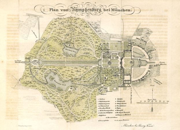 Alte Karte von München, Deutschland, die das Layout eines Parks mit handgeschriebenen Textanmerkungen auf altem Papier zeigt.
