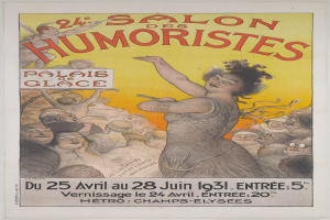Plakat für den Salon des Humoristes in Paris mit einem Porträt einer Frau inmitten einer Menge und Event-Text