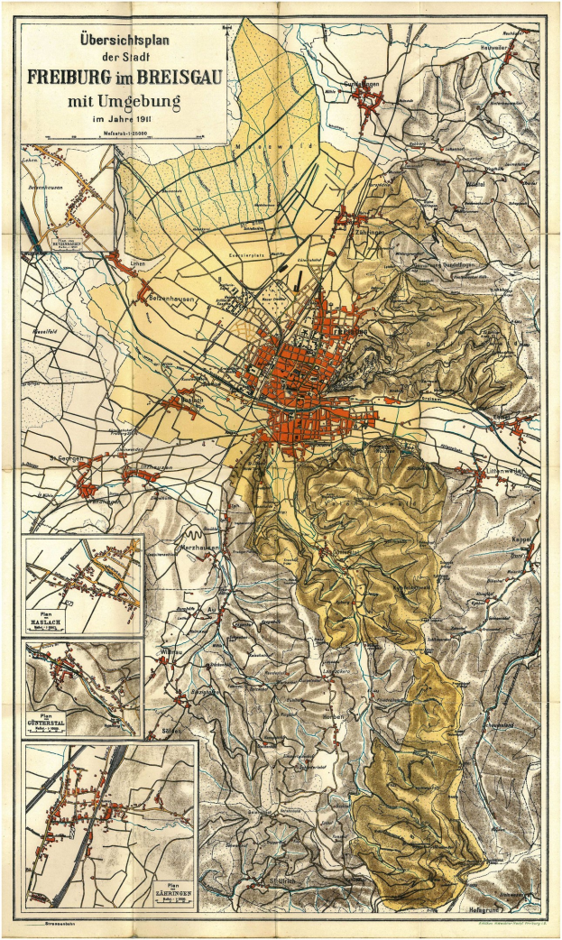 Detailierte alte Karte von Freiburg, Deutschland, mit Straßen, Gebäuden und Sehenswürdigkeiten, mit Text oben und unten.