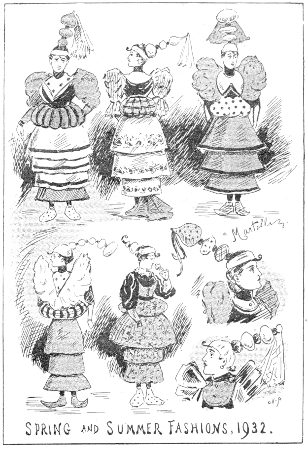 Modezeichnung von 1932, die Frauen in Frühjahrs- und Sommerkleidern zeigt, begleitet von beschreibendem Text.